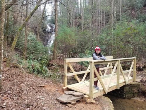 A person stands on a wooden bridge in a forest, with a waterfall and lush greenery in the background.