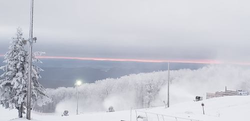 A snowy landscape with frosted trees, ski equipment, and a faint pink horizon under a cloudy sky.