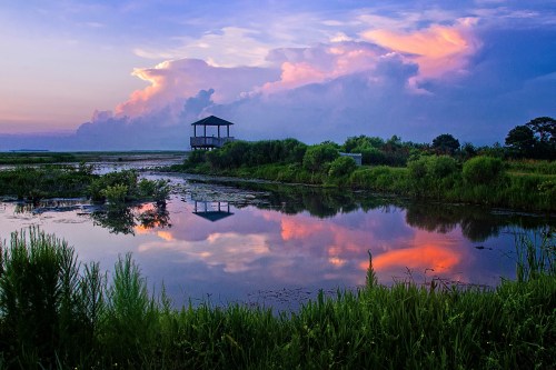 A serene wetland at sunset, featuring a gazebo, colorful clouds, and reflections in the calm water.