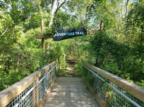A wooden bridge leads into a lush, green path marked by a sign reading "Adventure Trail."