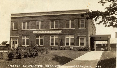 Historic black-and-white photo of the Westby Co-operative Creamery building in Westby, Wisconsin.