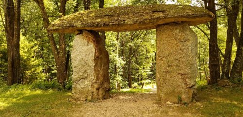 A large stone structure resembling a dolmen, surrounded by trees and greenery in a forested area.