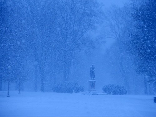 A snow-covered park scene with a statue in the center, surrounded by trees, during a heavy snowstorm.