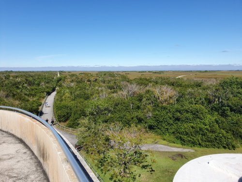 A panoramic view of a lush green landscape with a winding path and clear blue sky in the background.