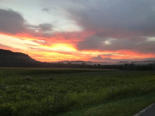 A vibrant sunset paints the sky in shades of orange and pink over a lush green landscape and distant hills.