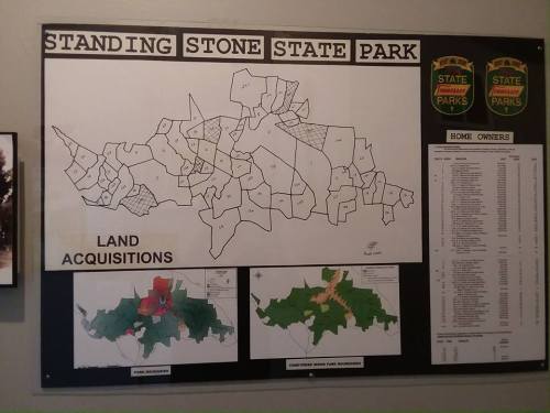 Map of Standing Stone State Park showing land acquisitions and park boundaries, with detailed sections outlined.