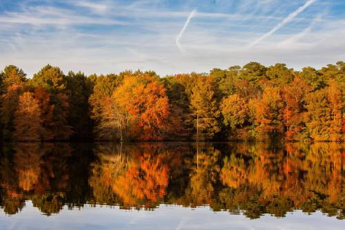 A serene lake reflecting vibrant autumn trees under a clear blue sky with wispy clouds.