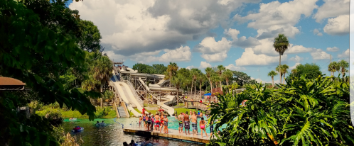 A water park scene with people by a pool, water slides in the background, and palm trees under a partly cloudy sky.