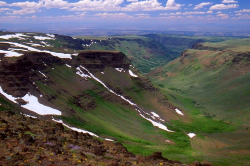 A panoramic view of a lush green valley with snow-capped cliffs under a blue sky with scattered clouds.