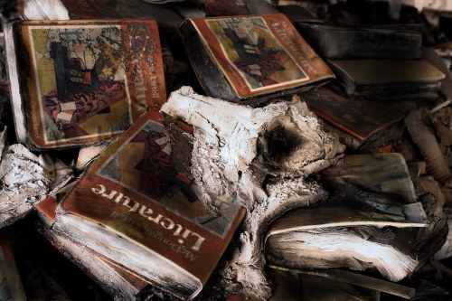 A pile of burned books with charred covers, some featuring abstract artwork, amidst ashes and debris.