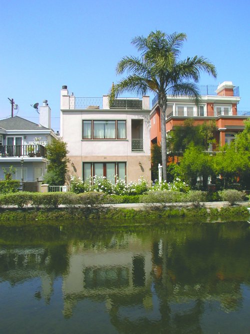 A modern house with a palm tree, reflecting in a calm waterway, surrounded by greenery and other buildings.