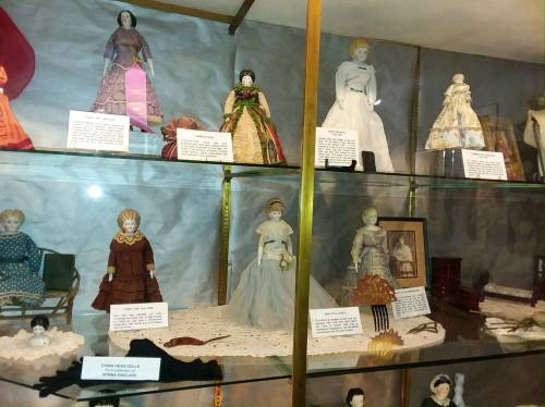 A display case filled with vintage dolls, each labeled with descriptions, showcasing various styles and materials.