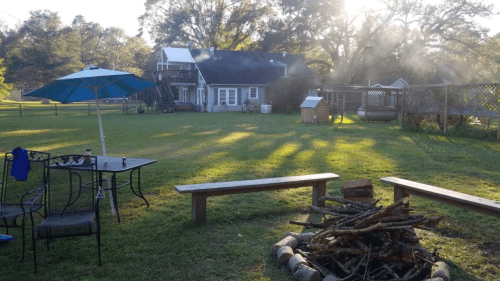 A sunny backyard with a fire pit, wooden benches, a table, and a house in the background surrounded by trees.