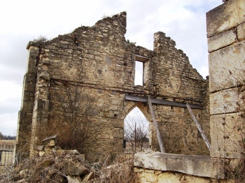 Ruins of a stone building with a partially collapsed wall and wooden supports, surrounded by overgrown vegetation.