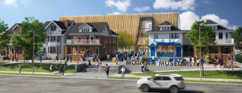 A vibrant scene of the Montana Museum with people outside, showcasing modern architecture alongside historic homes.