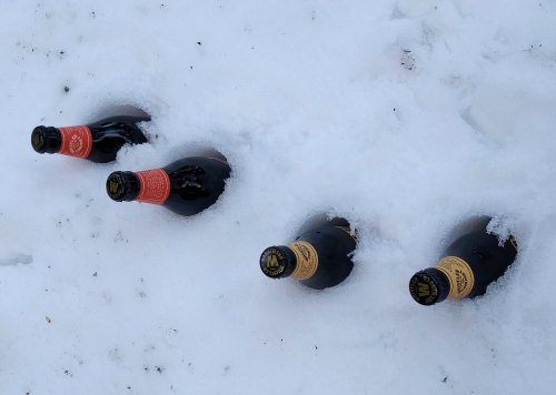 Four bottles partially buried in white snow, with labels visible on the necks.
