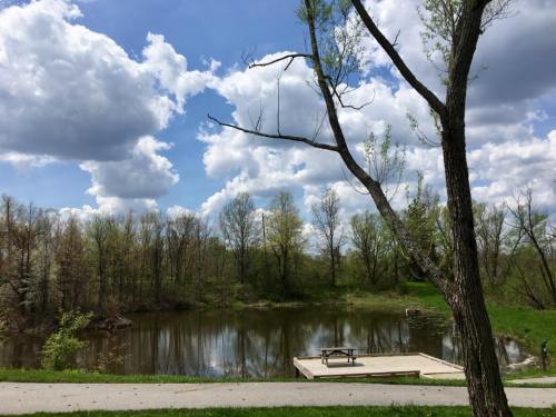 A serene pond surrounded by trees under a partly cloudy sky, with a wooden dock in the foreground.
