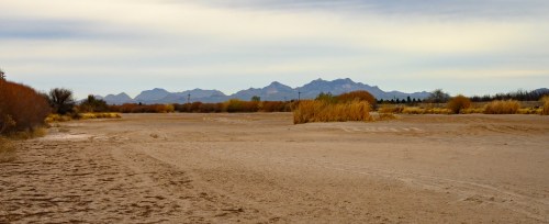 A dry riverbed with sparse vegetation and distant mountains under a cloudy sky.