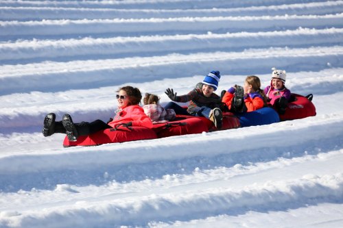 A group of children joyfully tubing down a snowy slope on a sunny day.