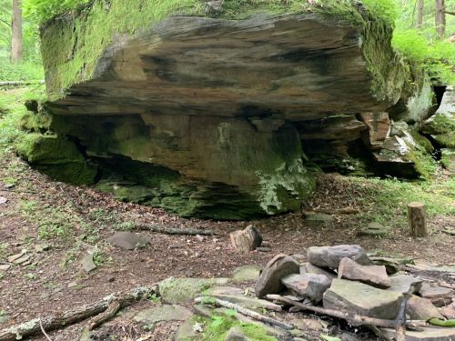 A large, moss-covered rock formation in a forest, with scattered stones and a small fire pit nearby.
