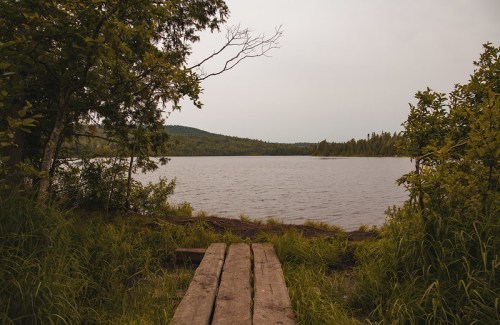 A serene lake view framed by trees, with a wooden platform in the foreground and a cloudy sky above.
