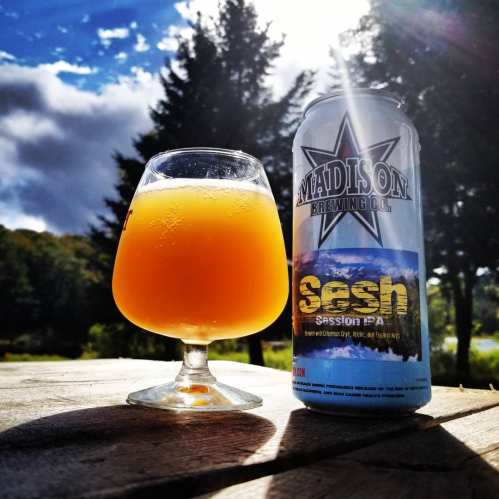 A glass of orange beer next to a can labeled "Sesh Session IPA," with trees and a cloudy sky in the background.