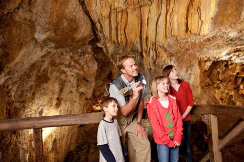 A guide and three children explore a cave, looking up at the rock formations with curiosity.