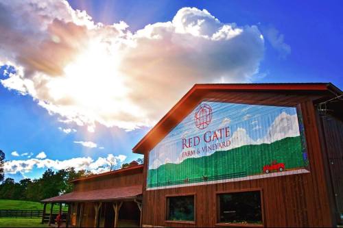 A sunny sky above a wooden barn with a mural reading "Red Gate Farm & Vineyard" and a red tractor illustration.