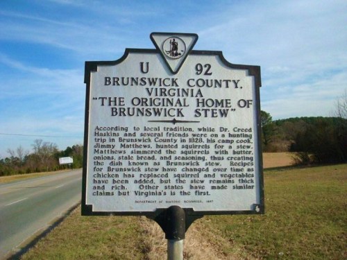 Historical marker for Brunswick County, Virginia, detailing the origins of Brunswick stew and local traditions.
