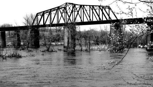Black and white image of a bridge over a river, surrounded by trees and water reflecting the cloudy sky.