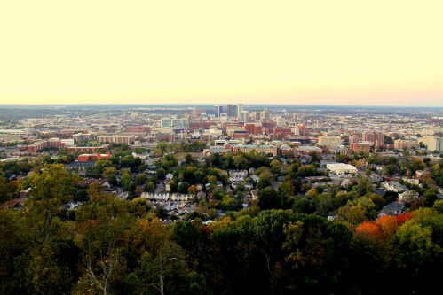 A panoramic view of a city skyline surrounded by greenery, with buildings and neighborhoods visible in the foreground.