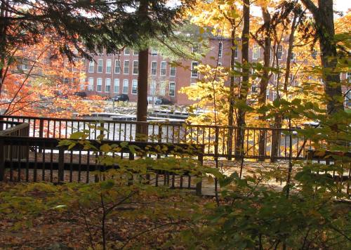 A serene view of a river surrounded by vibrant autumn foliage and a wooden railing in a park setting.