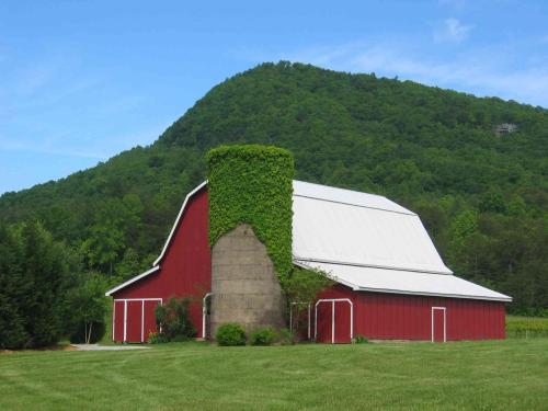A red barn with a white roof and green ivy on a silo, set against a backdrop of lush green mountains.