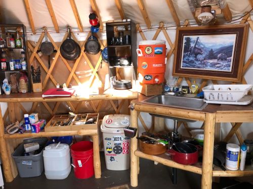 Interior of a rustic kitchen with wooden shelves, cookware, cleaning supplies, and a framed wildlife painting on the wall.