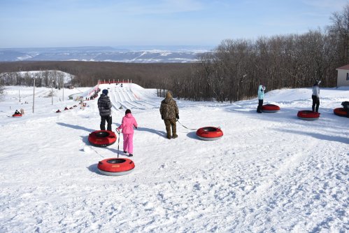 A snowy hill with people preparing to go tubing, surrounded by trees and a clear blue sky.
