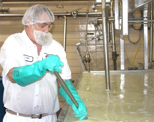A worker in a hairnet and gloves stirs a large vat of liquid in a food processing facility.