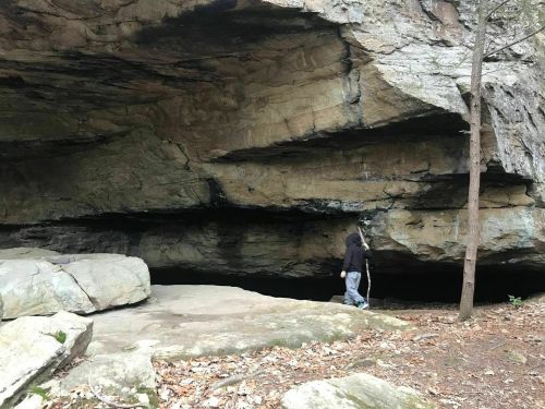 A person stands near a large rock formation and cave entrance, surrounded by trees and fallen leaves.