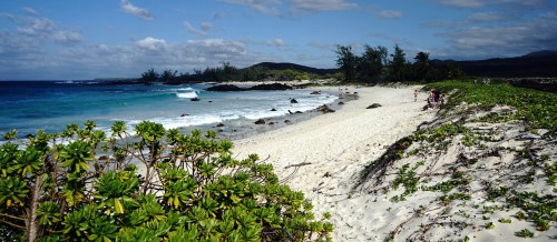 A scenic beach with white sand, gentle waves, and lush greenery under a blue sky with scattered clouds.