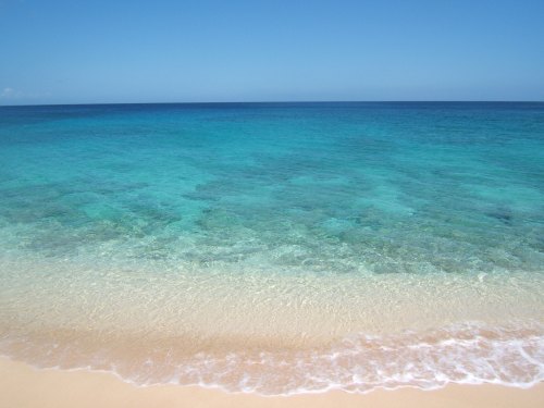 A serene beach scene with clear turquoise water gently lapping at a sandy shore under a bright blue sky.