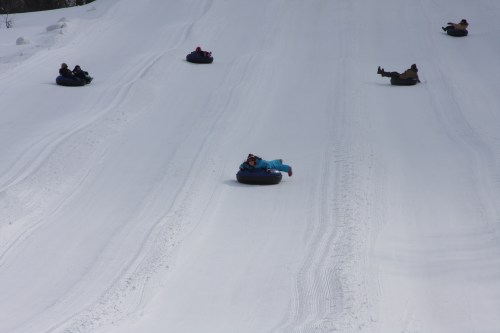 A snowy hill with several people tubing down, enjoying a winter day.