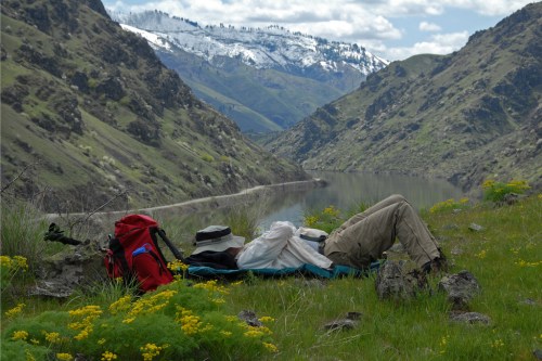A person relaxes on a grassy bank by a river, surrounded by mountains and wildflowers under a cloudy sky.