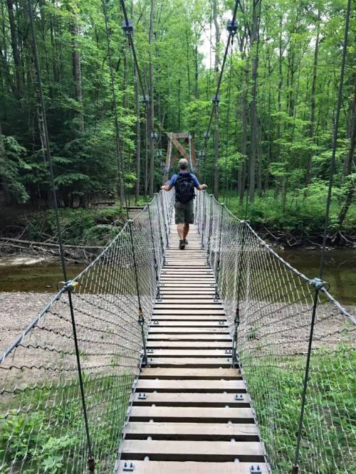 A person walks across a wooden suspension bridge in a lush green forest.