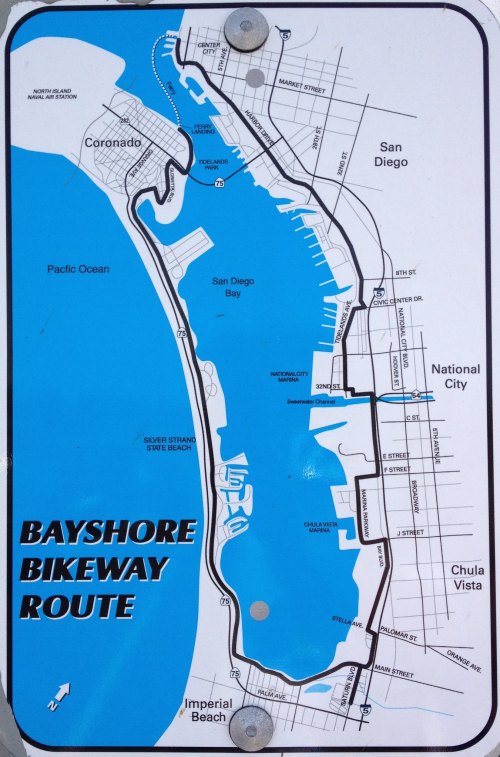 Map of the Bayshore Bikeway Route, showing paths along San Diego Bay and nearby areas, including Coronado and Imperial Beach.