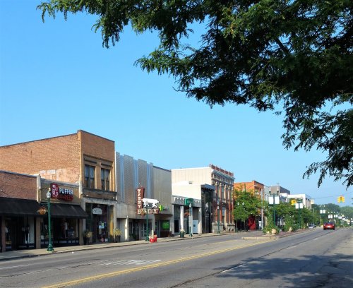 A quiet street scene featuring various storefronts and clear blue skies, with trees lining the sidewalk.