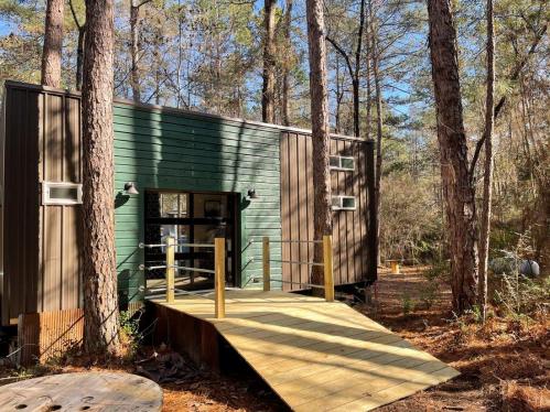 A modern cabin with green and brown siding, surrounded by tall trees and a wooden ramp leading to the entrance.