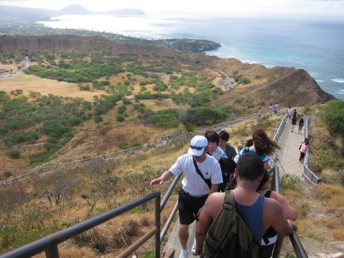 A group of hikers ascends a trail with scenic views of the coastline and lush greenery below.