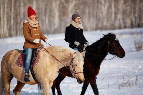 Two people riding horses in a snowy landscape, wearing winter clothing and enjoying a sunny day outdoors.