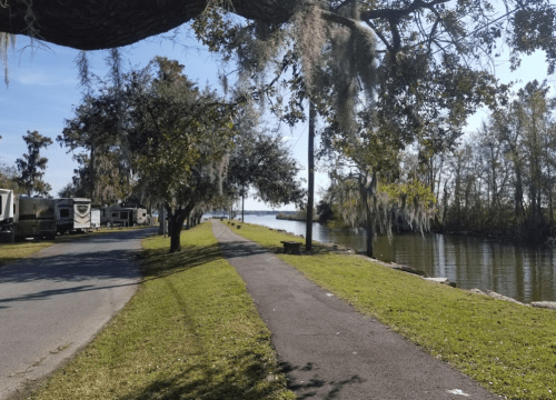 A scenic park path lined with trees, leading to a calm waterway under a clear blue sky. RVs are parked nearby.