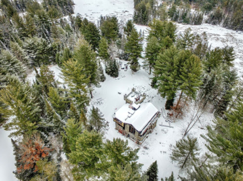 Aerial view of a snow-covered cabin surrounded by tall pine trees and a frozen lake in a winter landscape.
