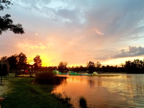 Sunset over a lake with vibrant orange and pink hues, reflecting on the water, surrounded by trees and a grassy shore.